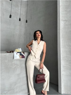 Bella Breeze Kadın Alt Üst Takım Şık Taş Düğme Detaylı Premium Yelek Pantolon Ikili Takım Elbise