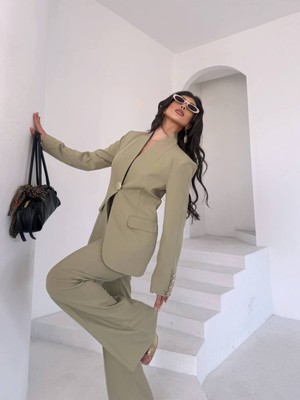 Bella Breeze Kadın Gold Kurabiye Düğmeli Blazer Ceket Palazzo Pantolon Takım Elbise