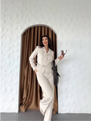 Bella Breeze Kadın Kemerli Gold Düğmeli Ceket Palazzo Pantolon Takım Elbise