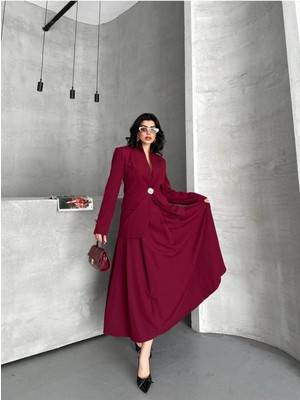 Bella Breeze Kadın Gold Kurabiye Düğmeli Blazer Ceket Etek Takım Elbise