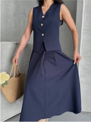 Bella Breeze Kadın Alt Üst Takım Şık Düğme Detaylı Premium Yelek Etek Ikili Takım Elbise