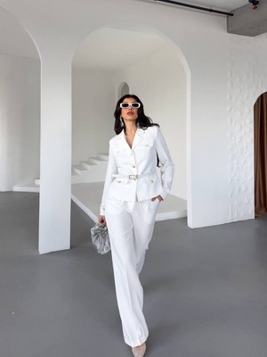 Bella Breeze Kadın Kemerli Gold Düğmeli Ceket Palazzo Pantolon Takım Elbise