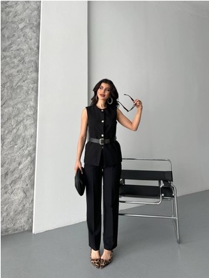 Bella Breeze Kadın Kemerli Yelek Palazzo Pantolon Ikili Takım Elbise