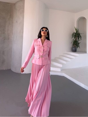 Bella Breeze Kadın Kemerli Gold Düğmeli Premium Ceket Pileli Uzun Etek Takım Elbise