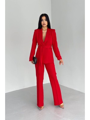 Bella Breeze Kadın Bağlamalı Sahte Cepli Kemerli Şal Yaka Blazer Ceket Boru Paça Esnek Pantolon Takım Elbise