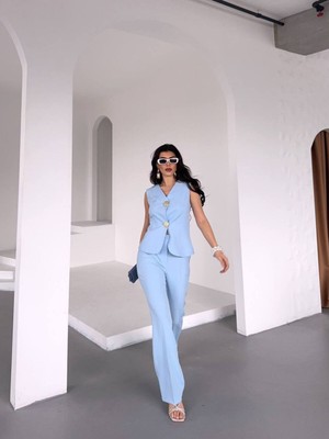 Bella Breeze Kadın Gold Kurabiye Düğmeli Yelek Pantolon Takım Elbise