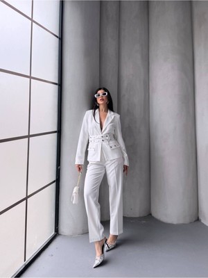 Bella Breeze Kadın Zımba Kemer Detaylı Çıtçıtlı Cekete Palazzo Pantolon Şık Takım Elbise