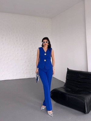 Bella Breeze Kadın Gold Kurabiye Düğmeli Yelek Pantolon Takım Elbise