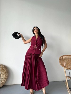 Bella Breeze Kadın Kemerli Düğmeli Yelek Pileli Etek Takım Elbise