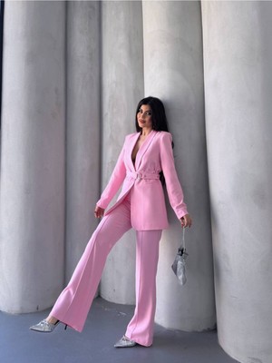 Bella Breeze Kadın Ikili Kemer Detay Ceket Palazzo Pantolon Premium Takım Elbise