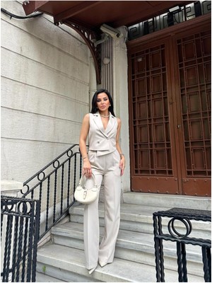 Bella Breeze Kadın  Asimetrik Kesim Yelek Palazzo Pantolon Takım Elbise