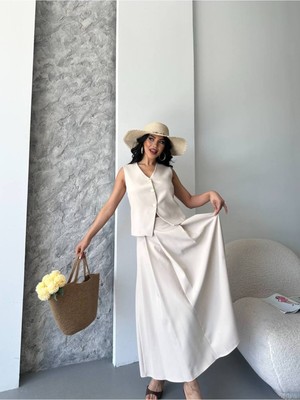 Bella Breeze Kadın Alt Üst Takım Şık Düğme Detaylı Premium Yelek Etek Ikili Takım Elbise