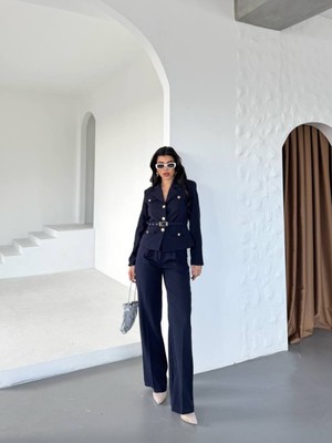 Bella Breeze Kadın Kemerli Gold Düğmeli Ceket Palazzo Pantolon Takım Elbise