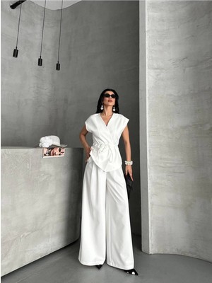 Bella Breeze Kadın Kuşaklı Yelekli Palazzo Pantolonlu Takım Elbise