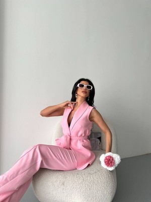 Bella Breeze Kadın Şal Yaka Kuşaklı Yelekli Palazzo Pantolonlu Takım Elbise