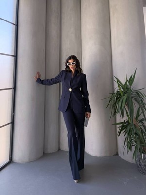 Bella Breeze Kadın Gold Kurabiye Düğmeli Blazer Ceket Palazzo Pantolon Takım Elbise