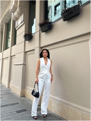 Bella Breeze Kadın  Asimetrik Kesim Yelek Palazzo Pantolon Takım Elbise