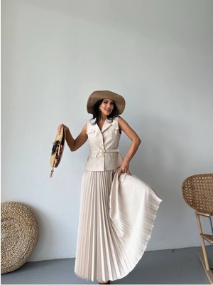 Bella Breeze Kadın Kemerli Düğmeli Yelek Pileli Etek Takım Elbise