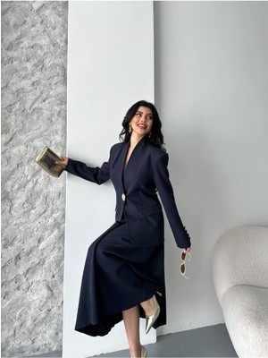 Bella Breeze Kadın Gold Kurabiye Düğmeli Blazer Ceket Etek Takım Elbise