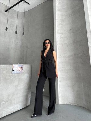 Bella Breeze Kadın Şal Yaka Kuşaklı Yelekli Palazzo Pantolonlu Takım Elbise