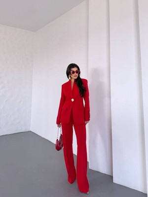 Bella Breeze Kadın Gold Kurabiye Düğmeli Blazer Ceket Palazzo Pantolon Takım Elbise