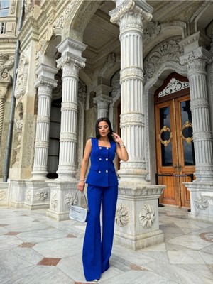 Bella Breeze Kadın Düğmeli Yelek Pantolon Kare Yaka Takım