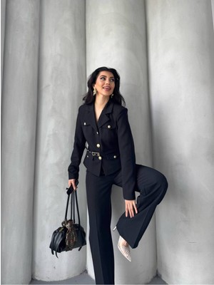 Bella Breeze Kadın Kemerli Gold Düğmeli Ceket Palazzo Pantolon Takım Elbise