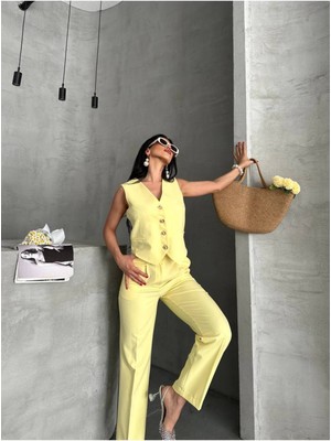 Bella Breeze Kadın Alt Üst Takım Şık Taş Düğme Detaylı Premium Yelek Pantolon Ikili Takım Elbise