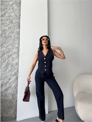 Bella Breeze Kadın Alt Üst Takım Şık Taş Düğme Detaylı Premium Yelek Pantolon Ikili Takım Elbise
