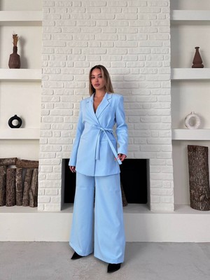 Bella Breeze Kadın Yandan Bağlamalı Kuşaklı Blazer Ceket Palazzo Pantolon Ikili Takım Elbise