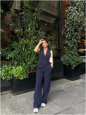 Bella Breeze Kadın Çizgili Asimetrik Kesim Yelek Palazzo Pantolon Takım Elbise