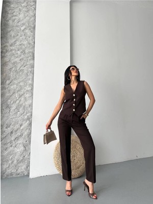Bella Breeze Kadın Alt Üst Takım Şık Taş Düğme Detaylı Premium Yelek Pantolon Ikili Takım Elbise
