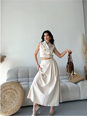 Bella Breeze Kadın Alt Üst Takım Düğme Detaylı Premium Yelek Etek Ikili Takım Elbise