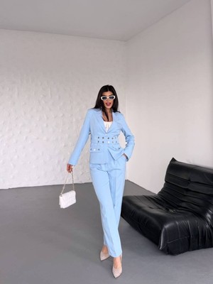 Bella Breeze Kadın Zımba Kemer Detaylı Çıtçıtlı Cekete Palazzo Pantolon Şık Takım Elbise