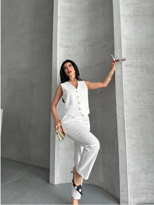 Bella Breeze Kadın Alt Üst Takım Şık Taş Düğme Detaylı Premium Yelek Pantolon Ikili Takım Elbise