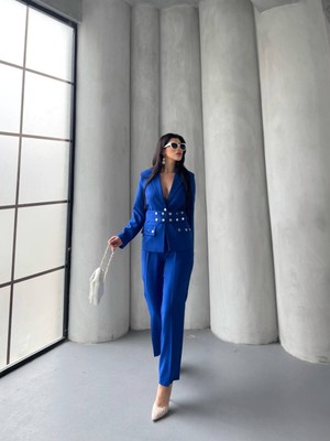 Bella Breeze Kadın Zımba Kemer Detaylı Çıtçıtlı Cekete Palazzo Pantolon Şık Takım Elbise