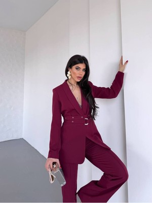 Bella Breeze Kadın Ikili Kemer Detay Ceket Palazzo Pantolon Premium Takım Elbise