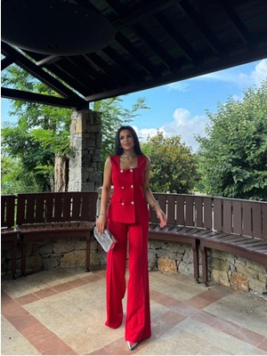 Bella Breeze Kadın Düğmeli Yelek Pantolon Kare Yaka Takım