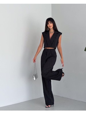 Bella Breeze Kadın Sıfır Kol Kruvaze Yaka Ceket Crop Pantolon Takım Elbise