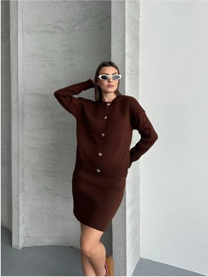 Bella Breeze Kadın Triko Kalp Düğme Detaylı Şık ve Rahat Ikili Kombin Takım