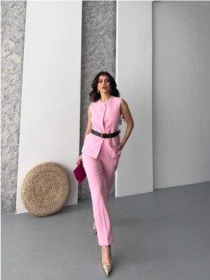 Bella Breeze Kadın Kemerli Yelek Palazzo Pantolon Ikili Takım Elbise