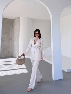 Bella Breeze Kadın Ikili Kemer Detay Ceket Palazzo Pantolon Premium Takım Elbise