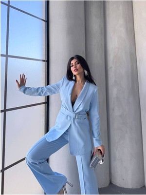 Bella Breeze Kadın Ikili Kemer Detay Ceket Palazzo Pantolon Premium Takım Elbise