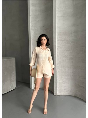 Bella Breeze Kadın Keten Görünümlü Yazlık Gömlek Şort Ikili Takım