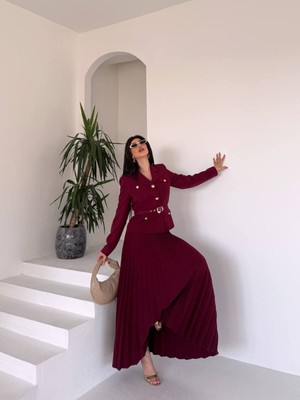 Bella Breeze Kadın Kemerli Gold Düğmeli Premium Ceket Pileli Uzun Etek Takım Elbise