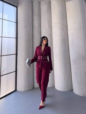 Bella Breeze Kadın Zımba Kemer Detaylı Çıtçıtlı Cekete Palazzo Pantolon Şık Takım Elbise