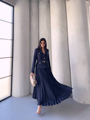 Bella Breeze Kadın Kemerli Gold Düğmeli Premium Ceket Pileli Uzun Etek Takım Elbise