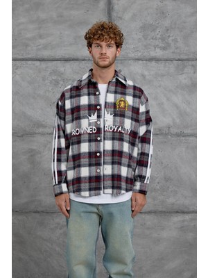 Lacivert Şerit Detaylı Kareli Oversize Oduncu Gömlek