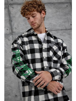 Siyah Nmrc Kolu Nakışlı Oduncu Oversize Gömlek