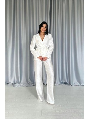 Ekru Beli Kuşaklı Ceket ve Pantolon Parlak Takım